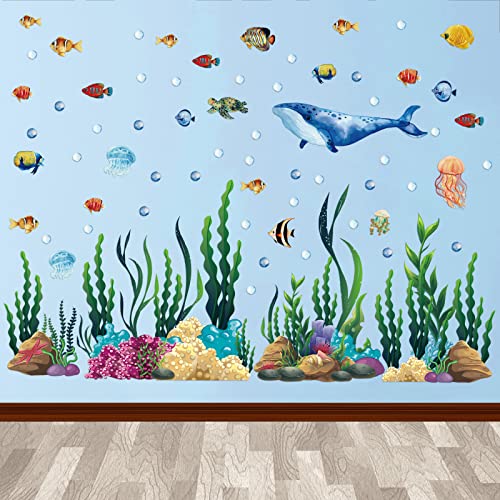 300 Pcs Ocean Wall Decals Stickers Under The Sea Ocean Animal Peel and Stick 2 Sheets Large Coral Reef and Seaweed Bubbles Vinyl Sticker for Kids Toddler Baby Nursery Living Room Office Bathroom