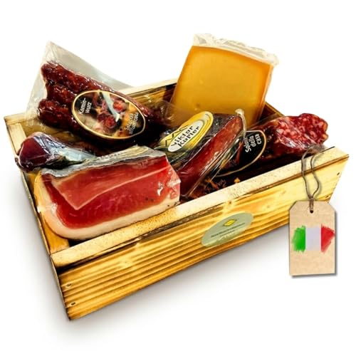 BAVAREGOLA Geschenkekiste mit Südtiroler Spezialitäten die '6er Marende' - Präsentkorb gefüllt mit Speck, Käse, Salami & Schinken von Viktor Kofler/Lana - Genuss Geschenk für Männer & Frauen
