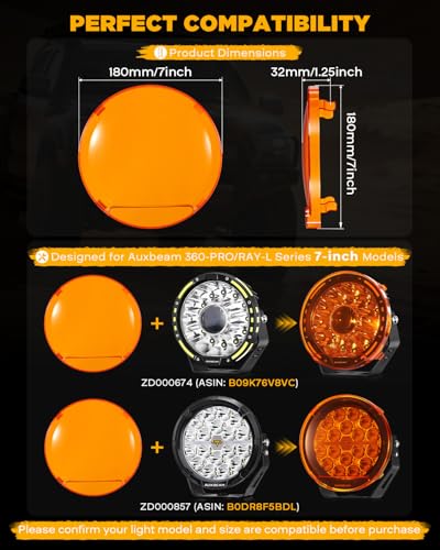 Image of Auxbeam 7 Inch Deep Amber Light Covers for 360-PRO /RAY-L Series, 2300K Dark Amber Tint Round Off-Road Light Lens Cap, Light Bar Covers for Fog Rain Dust Snow, 2 Packs