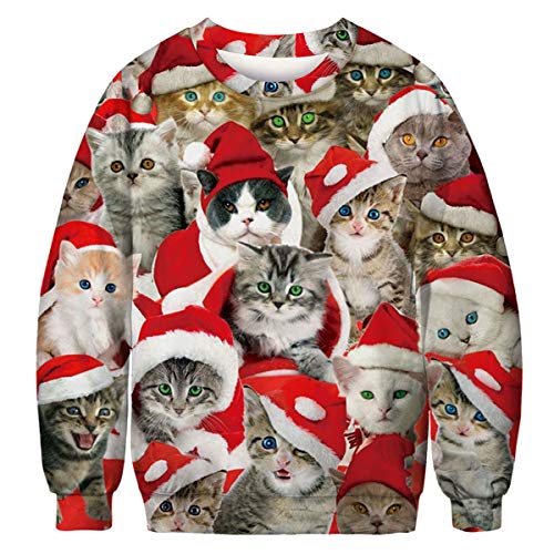 Caritty Unisex Ugly Christmas Sweatshirts 3D All Over Cats with Red Santa Hat Print Funny Xmas Party Pullover Long Sleeve Shirts Cool Holiday Festival Sweater M