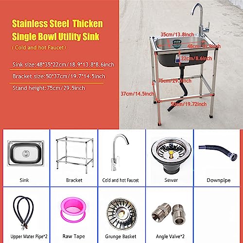 Outdoor Garden Sink Single Trough, Small Stainless Steel Utility Commercial Kitchen Washing Hand Basin Station Sink with Storage Shelve and Faucet, for Restaurant, Bar, Laundry, Garage, Backyard ( Col