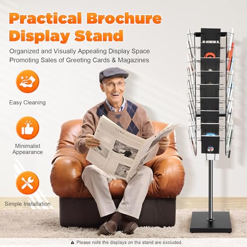 DouSeiAi Rotating Brochure Display Stand, Detachable Magazine Rack with 36 Pockets, 63inch Floor Standing Literature Flyer Comic Book Storage Tower