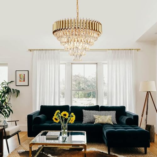 Image of Manraj Modern Crystal Chandelier, 600 mm Round, 5-Tier Pure Gold, K9 Crystal Ceiling Light Fixture for Living Room and Hallway (Pure Gold, 600mm)