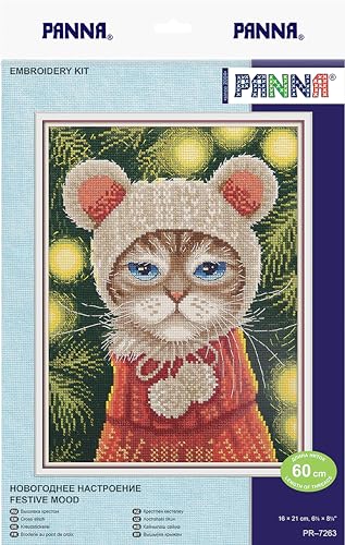 Image of PANNA - Counted Cross Stitch Kit - Festive Mood Cat - PR-7263 - Pre-Sorted Thread - Cross Stitch Patterns - Crafts for Adults - Aida - 6.25 x 8.25 Inches