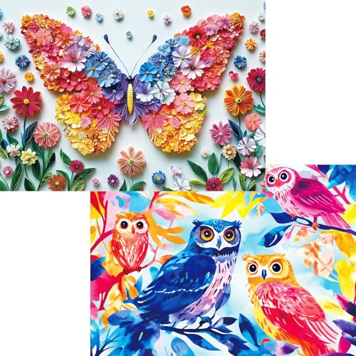 Pixlora Jigsaw Puzzles 1000 Pieces for Adults, 2 Pack Floral Butterfly and Owl Theme, Colorful Bird