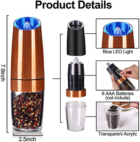 Moedor elétrico de pimenta por gravidade, moedor de sal ou pimenta, grossura ajustável, alimentado p