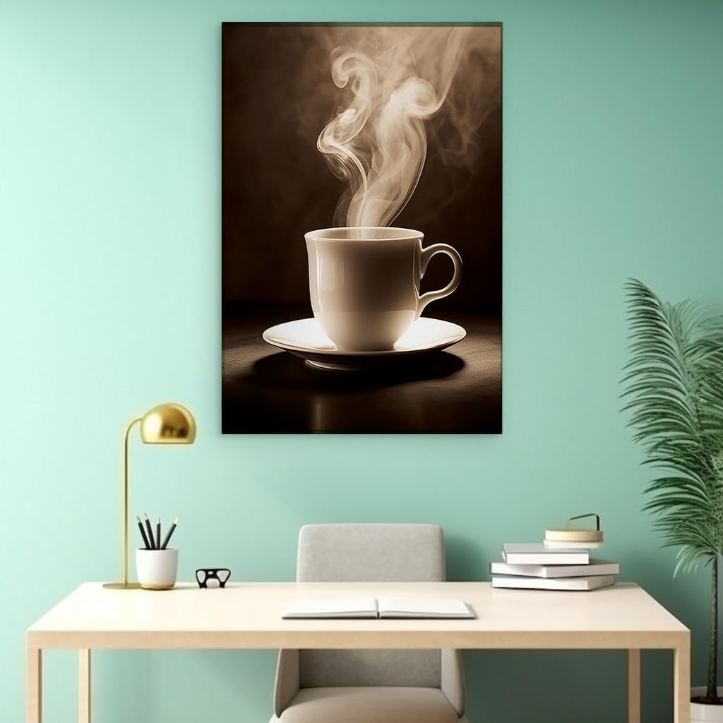 Canvas for Living room. Steamy Serenity � A Captivating Journey from Cup to Comfort, 27 x 18 inch Canvas Wall Art - Contemporary Masterpieces - Modern Home Decor