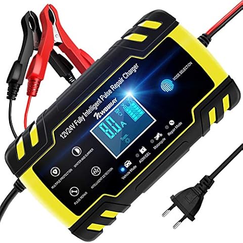 NWOUIIAY 8A Car Battery Charger 12V / 24V Automatic Intelligent Battery Charger with LCD Touch Screen Multiple Charge Protection Charger Suitable for Car Motorcycle or Boat Cover