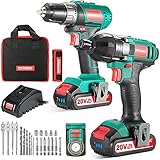 Cordless Drill Driver and Impact Driver 20V, HYCHIKA Drill Combo Kit, 2x2.0Ah Batteries, 1H Fast Charging, 22PCS Accessories for Drilling Wood, Metal and Plastic