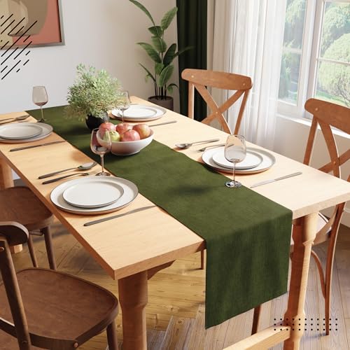 Image of Encasa XO Dining Table Runner for 4 to 6 Seater | 28x150 cm | Moss Green | Chenille Fabric | Machine Washable