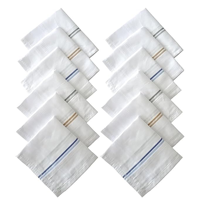 Men's Cotton Handkerchief - Pack of 12 Soft & Durable Hankies for Men | White Handkerchief with Color Border | Pure Cotton Kerchiefs for Gentlemen, Office, and Daily Use-image-26