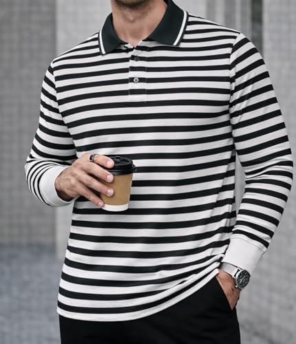 Image of Mack Jonney Men's Premium Striped Polo T-Shirt | Long Sleeve Cotton Blend | Casual & Smart Wear-M6721
