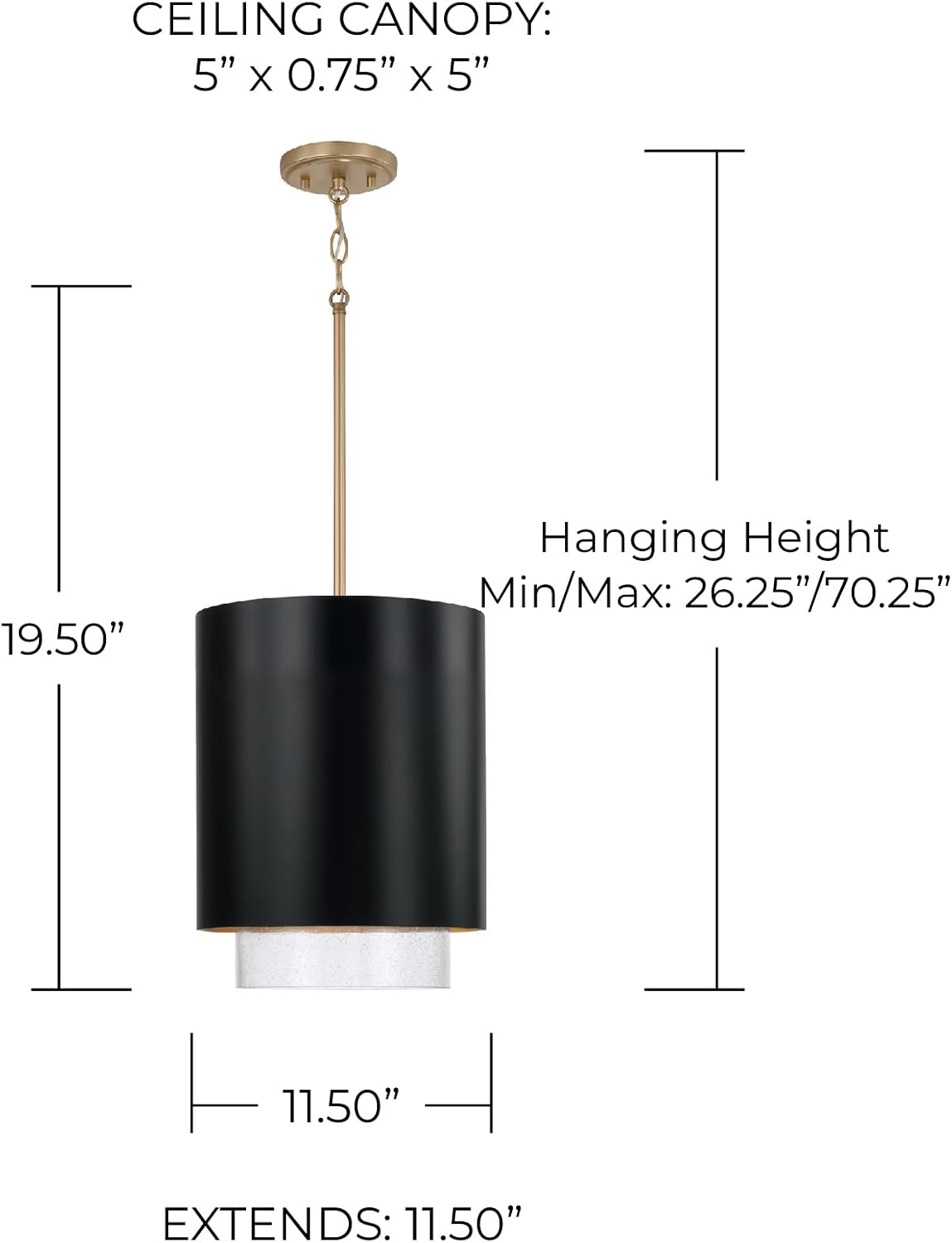 Capital Lighting 353011RK Weller Modern Clear Seeded Glass Metal Shade with Brass Interior Cylindrical Pendant, 1-Light 100 Watt, 20" H x 12" W, Matte Brass and Black