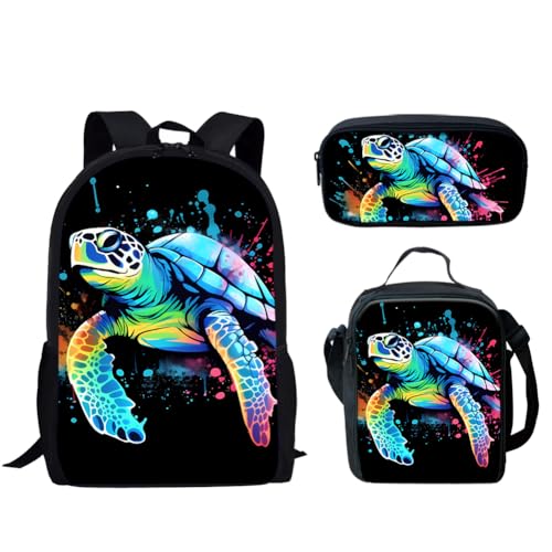 Forchrinse Bling Neon Sea Turtle Backpack Personalized Lunch Box Zipper Pencil Box for Boys Girls 3 Pieces Backpack