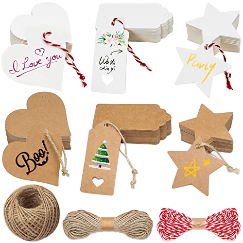 Etiquettes Cadeau Étiquette Kraft Papier 300 Pcs Etiquette pour Dragees Bapteme Carton Kraft Paper Tags Avec Ficelle de Jute Pour Noel Mariage Anniversaire...