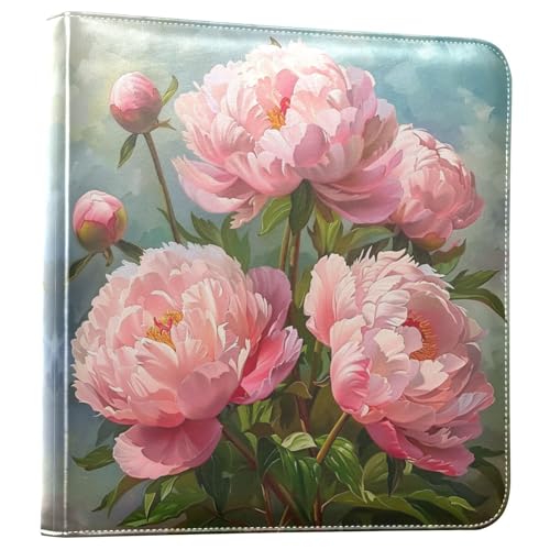 JIPONI Pink Peony Oil Large Photo Album, DIY Leather Cover Scrapbook Albums for 4x6 5x7 6x8 Pictures, Self Adhesive Memory Book for Wedding, Baby, Family