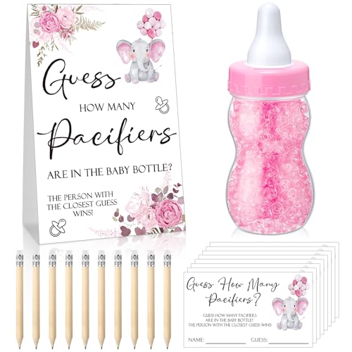 Image of Roowest 512 Pcs Baby Shower Games Guess How Many Pacifiers Sign 100 Small Guessing Games 10 HB Pencils 750ml Milk Bottle 400 Acrylic Pacifiers Decoration for Guest Gender Reveal(Pink,Elephant)