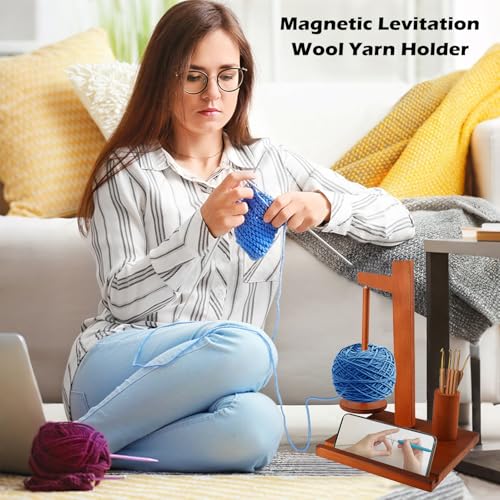 Image of Rumexeng Wooden Yarn Holder with Phone Stand, Wooden Yarn Spool Rack for Crocheting and Knitting, Crochet Hook Storage, Magnetic Yarn Ball Spinner Holder, Ideal Gift for Craft Lovers (Brown)