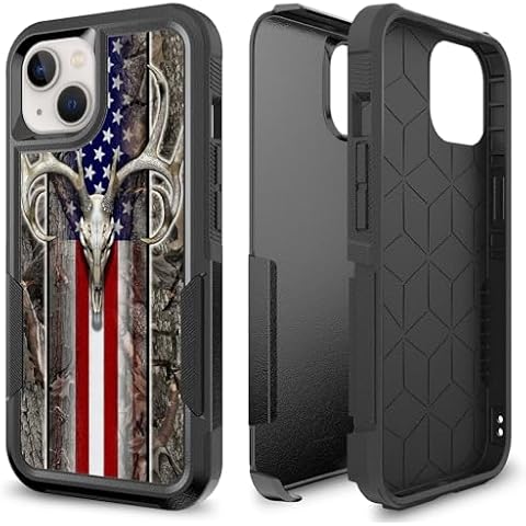 CaseZoo for iPhone 12 Pro, iPhone 12 Defender Case, Heavy Duty 360 Full Body Shockproof Protection Hard Plastic+Silicone Rubber Hybrid Case for iPhone 12 iPhone 12 Pro (American Flag Camo Deer Skull) Cover