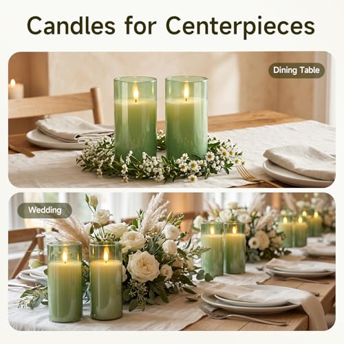 Image of Homemory Sage Green Glass Flameless Candles Battery Operated LED Pillar Candles with Remote and Timer, Real Wax Flickering Candles Home Decor, Wedding, Easter, Farmhouse, Table Centerpieces, Set of 2
