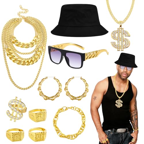 10 Stück Hip Hop Kostüm Set, 80er 90er Jahre Rapper Kostüm Zubehörset mit Dollarzeichen Halskette Ringen Ohrringen Sonnenbrille Armband Fischerhut für Frauen & Männer Hippie Disko Mottoparty (Stil 2)