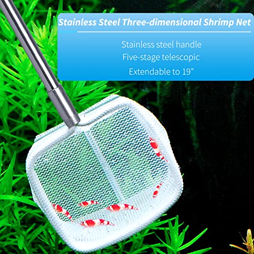 Aquamonica Fish Shrimp Net With Adhesive Hooks,Stainless Steel Handle Small Aquarium Net Extendable Handle Fish Tank Cleaner (Black Square Net) #TOP3