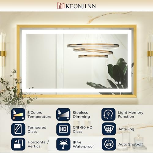 Keonjinn Gold Bathroom Mirror with Led Lights 50x70cm, Antifog Vanity Mirror Gold Frame Back and Front Lit 3 Colour Dimmable Illuminated Wall Mounted Rectangle Digital Mirrors - Image 2