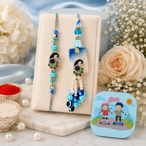 Image of CraftVatika Evil Eye Peacock Rakhi Set for Brother and Bhabhi, Designer Rakhi Set for Bhaiya Bhabhi Bro Sister, Lumba for Bhabhi, with Fridge Magnet Gift, Best Wishes Greeting Card, Tilak