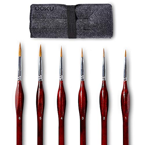 OOKU Detail Paint Brush Set 6 Pc - Professional Tiny Minature Fine Detail Brushes for Art Painting, Face Painting, Miniatures, Detailing, Model Craft Art Painting - Red Wooden Handle