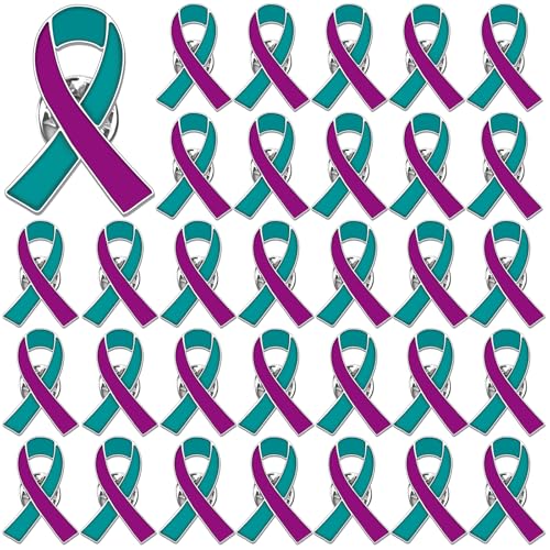 JUNEBRUSHS 36pcs Suicide Prevention Awareness Brooch Badge Purple Teal Ribbon Lapel Pins for Suicide Prevention Sexual Assault Awareness Party Survivor Charity Event Favors Decor Accessories