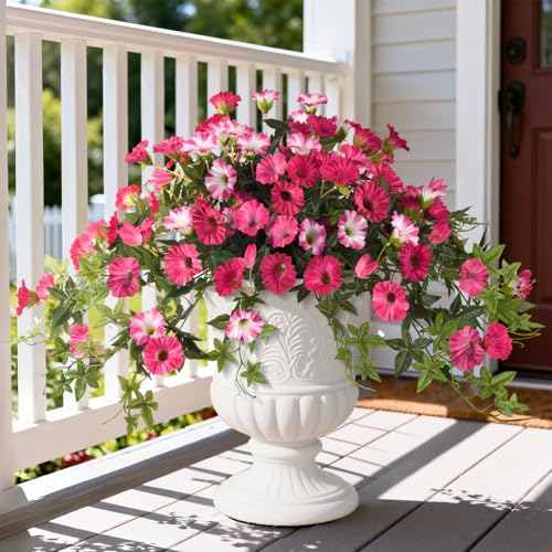 Artificial Fake Flowers Plants for Outdoors Spring Decoration, 2Pcs Faux Petunias with Greenery UV Resistant No Fade, Realistic Silk Flower for Outside Patio Planters Front Porch Window (Rose Red)