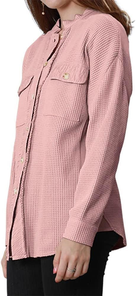 utcoco Women's Casual Waffle Knit Shacket Jacket Loose Fit Long Sleeve Button Down Shirt Shacket Top