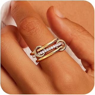 Gold Stackable Rings for Women Non Tarnish 14K Gold Plated Interlocked Ring Gold Silver Mixed Metal Statement Rings Dainty Cubic Zirconia Band Thumb Ring Jewelry Gift for Women