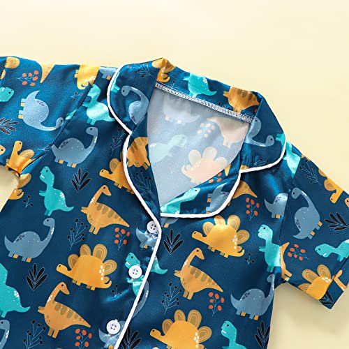Qiylii Toddler Baby Boy Silk Pajamas Cow/Dinosaur Satin Pajamas Set Short Sleeve Button-Up Top Shorts 2PC PJs3