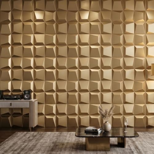 Image of Kayra Decor 3D PVC Wall Panels for Bedroom & Living Room | Cube Design | Champagne Gold Color|19.7 x 19.7 Inch | Pack of 12 | 32.28 Sq Ft