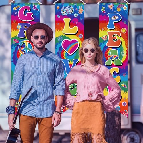 Image of Chiisong 3 Pieces 60s Party Decorations Groovy Love Peace Banners Hippie Porch Signs 1960s Hanging Wall Decor for Retro 60s Theme Party Scene Setters Photography Backdrop Decorations Supplies