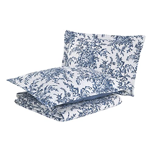 Laura Ashley Reversible Cotton Bedding with Matching Sham, Lightweight Home Decor for All Seasons, Polyester, Bedford Delft Blue, Twin