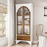 MOUMON Decorative Storage Cabinet with 2 Arched Doors and Shelves, Arched Cabinet with 3 Tier Shelves, Art Decor Cabinet for Living Room White and Walnut (31.5”W x 15.7”D x 70.9”H)