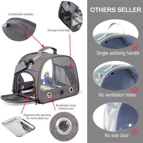 Tragbarer Vogeltransportrucksack Mit Acrylwanne, Atmungsaktivem Papageienkäfig Mit Holzsitzstange, Schultergurt Und Netztasche Für Kleine Vögel Grey 33 * 26 * 24cm-6