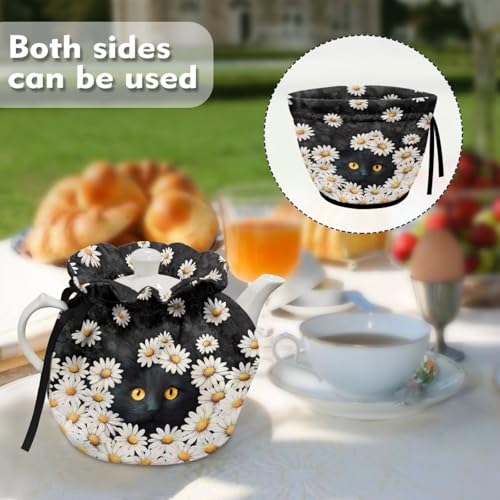 Image of Tea Cozy for Teapot Black Cat Daisy Print Tea Kettle Dust Cover Keep Warm Breakfast Warmer with Drawstring Kitchen Decorations