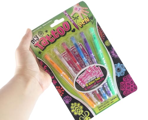 6 Pack of Tattoo Gel Pens - Fake Tattoo Fun with Stencils - Draw on Skin - Temporary Tattoos