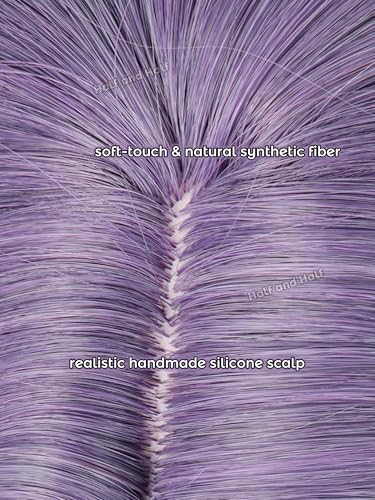 Image of Half and Half Gray Purple Wolf Cut Anime Cosplay Wig with Bangs 15'' Dark Purple Shoulder Length Middle Part Layered Wigs for Men Women Halloween Party Daily