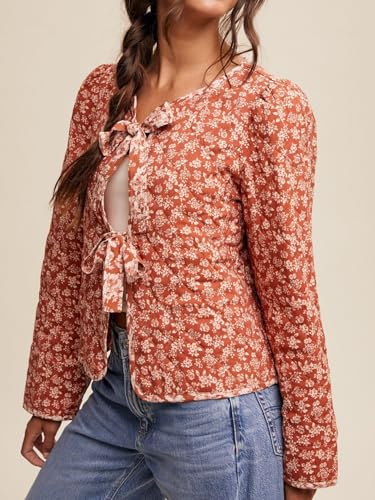 Yinawsky Women's Rust Red Floral Print Quilted Jacket with Bow Tie Front - Cozy and Chic Outerwear for Any Occasion - Image 3