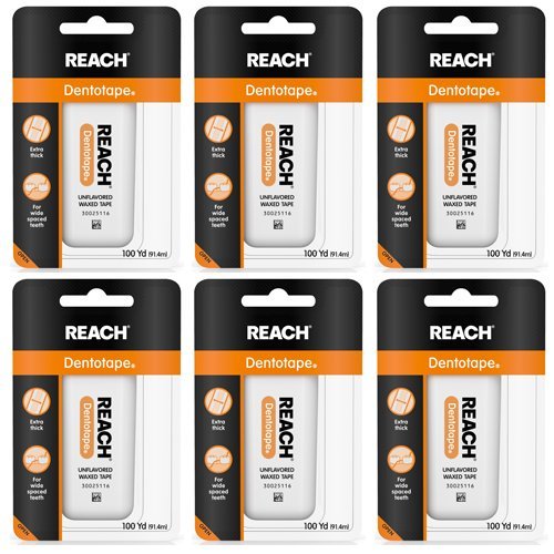 REACH Dentotape Waxed Tape, Unflavored 100 Yards 6 pack