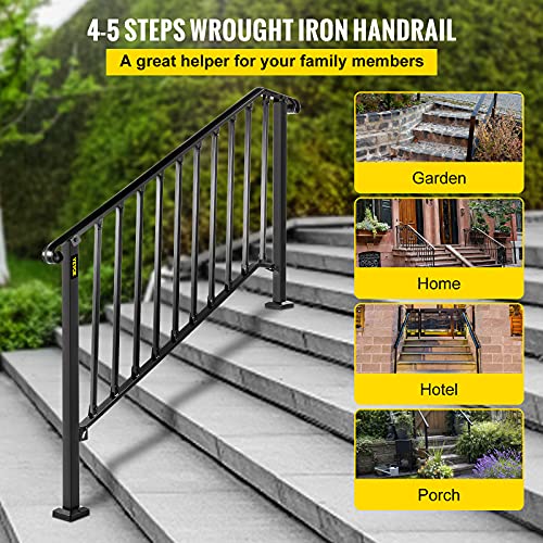 Happybuy Handrails For Outdoor Steps, Fit 4 Or 5 Steps Outdoor Stair Railing, Picket#4 Wrought Iron Handrail, Flexible Porch Railing, Black Transitional Handrails For Concrete Steps Or Wooden Stairs #TOP1