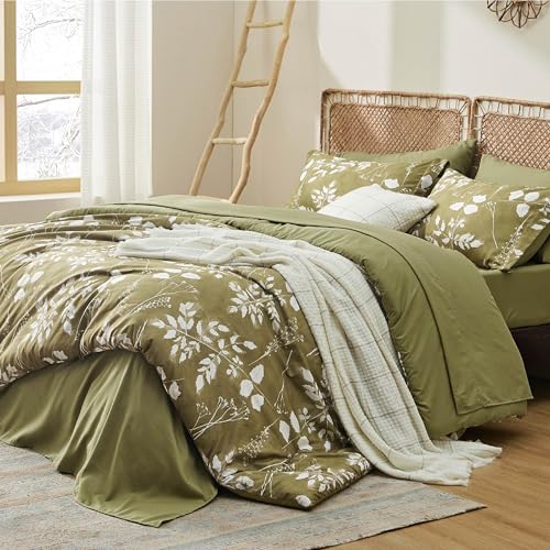 Image of Bedsure Floral Olive Green Comforter Set, Queen Bedding Sets, 7 Piece | Bed in a Bag, Comforters, Bedroom, Reversible, Fluffy, Whisper-Quiet, All-Season, Polyester, Easy Care, Botanical-Chic, OEKO