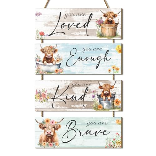 Dazzlewall 4pcs Highland Cow Wooden Wall Decor, Motivational Cow Pictures Wall Art Rustic Country...
