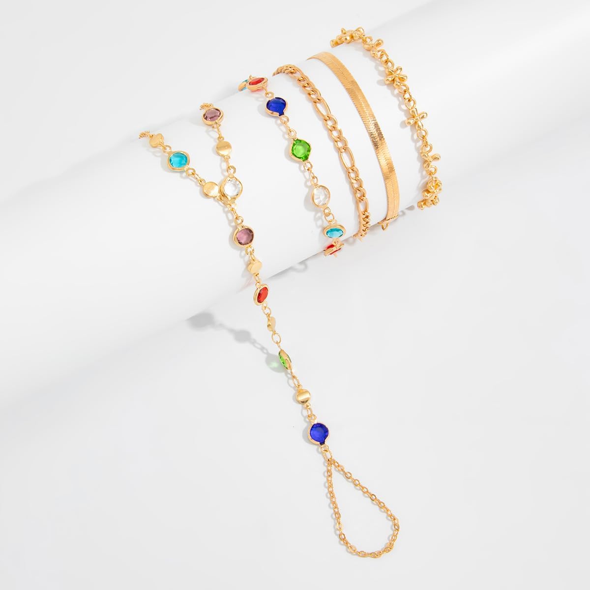 Gold Hand Chain Bracelet for Women Layered Colorful Crystal Bead Flower Finger Chain Ring Bracelet Dainty Boho Body Jewelry