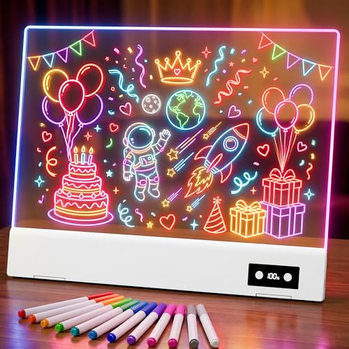 FLETUTE 16 LED Drawing Board Rechargeable Acrylic Dry Erase Glow Board 12 Modes Light Up Drawing Board for Kids Dimmable Note Board with 12 Markers for Home & Office