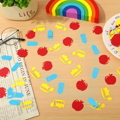 Image of Whaline 300 Pcs Back To School Table Confetti School Bus Apples Pencil Shaped Confetti Yellow Red Blue Table Centerpiece for First Day of School Party Decoration